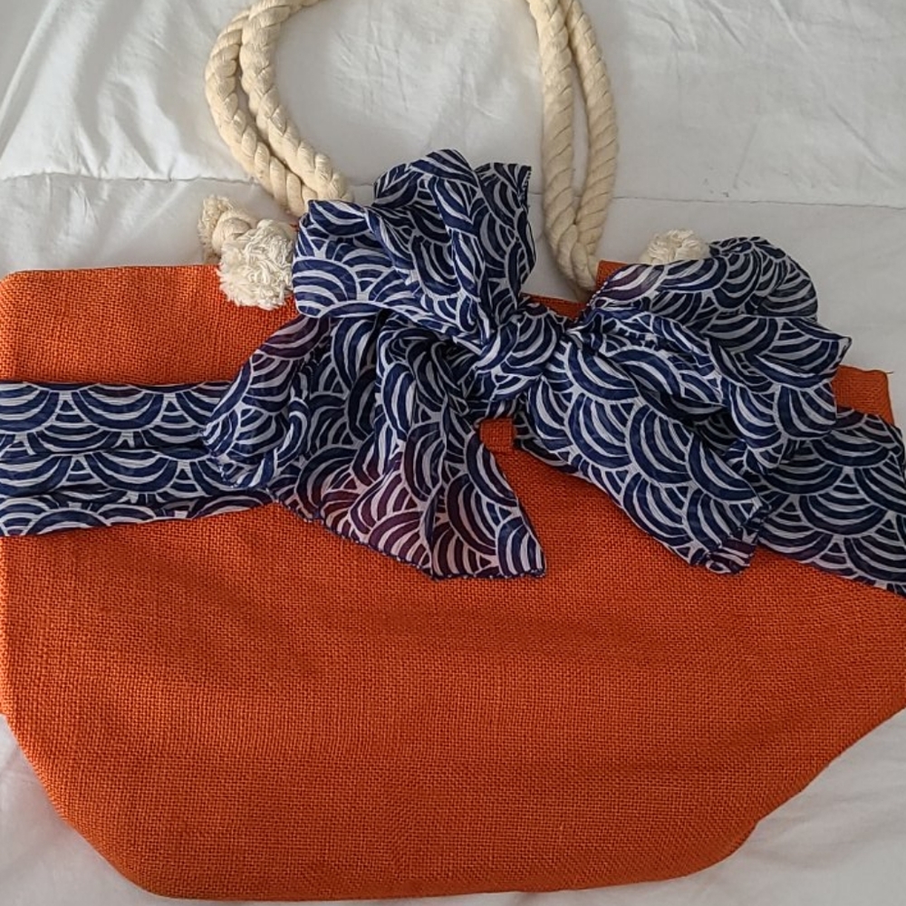Mud Pie Orange Tote with Blue Sarong